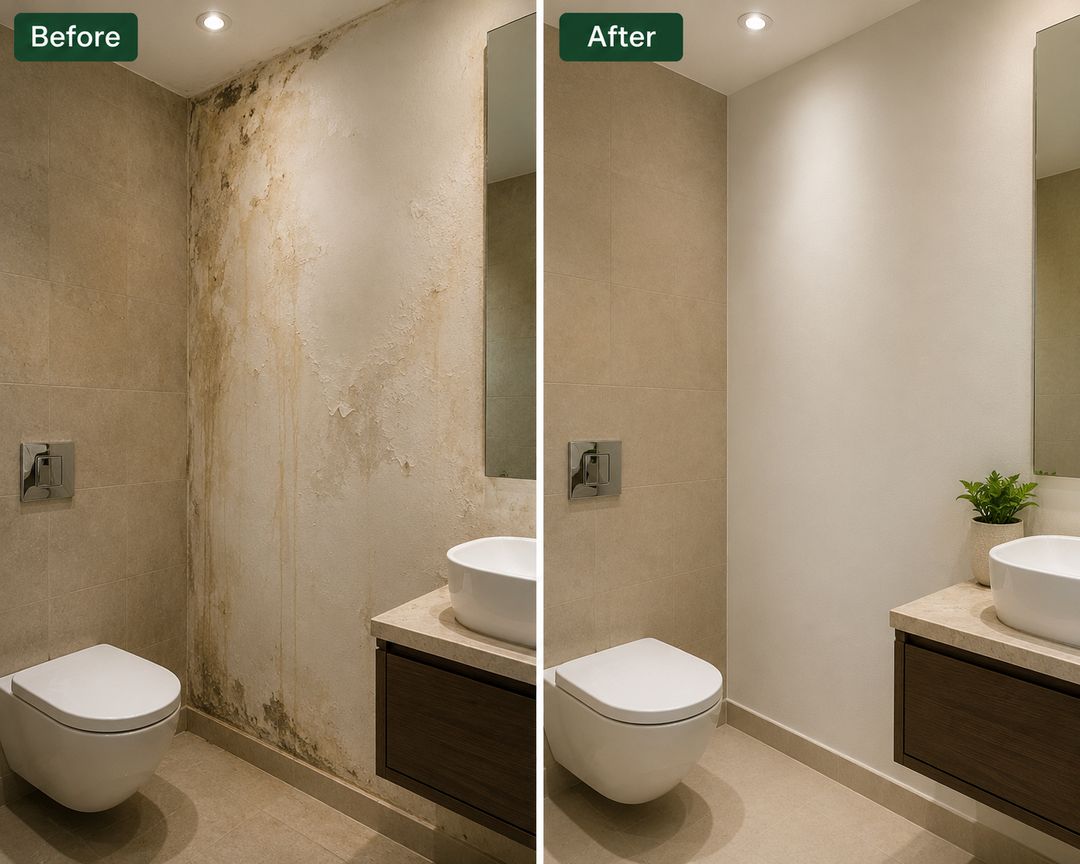 Bathroom wall before and after a Nacravo plumbing leak repair