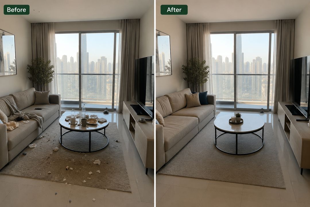 Before and after comparison of a Dubai apartment living room cleaned by Nacravo