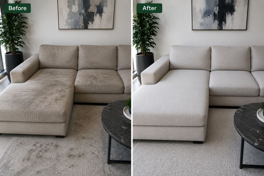 Sofa and rug before and after Nacravo upholstery cleaning