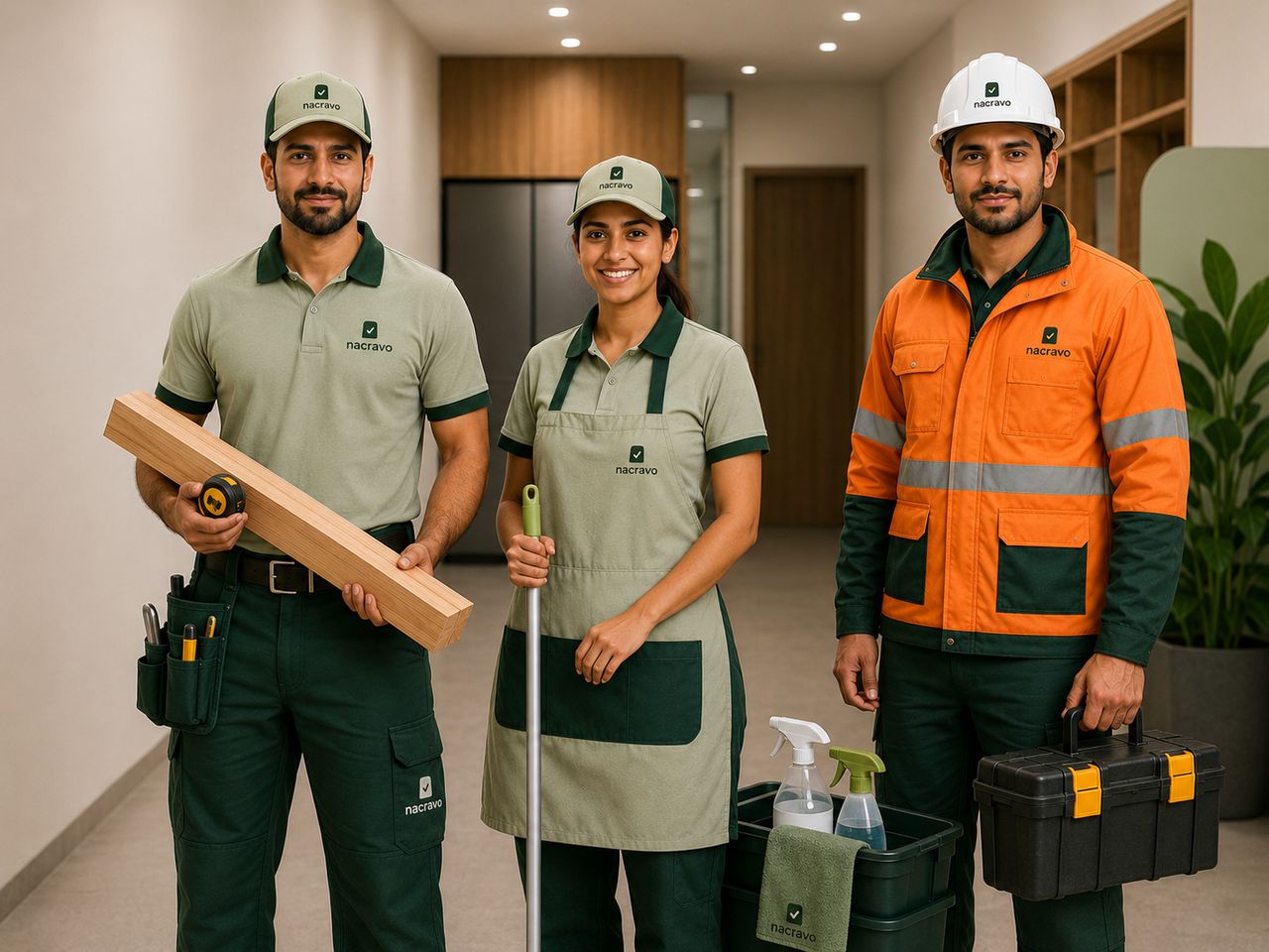 Nacravo staff with timber, a tape measure and a toolbox before a handyman job