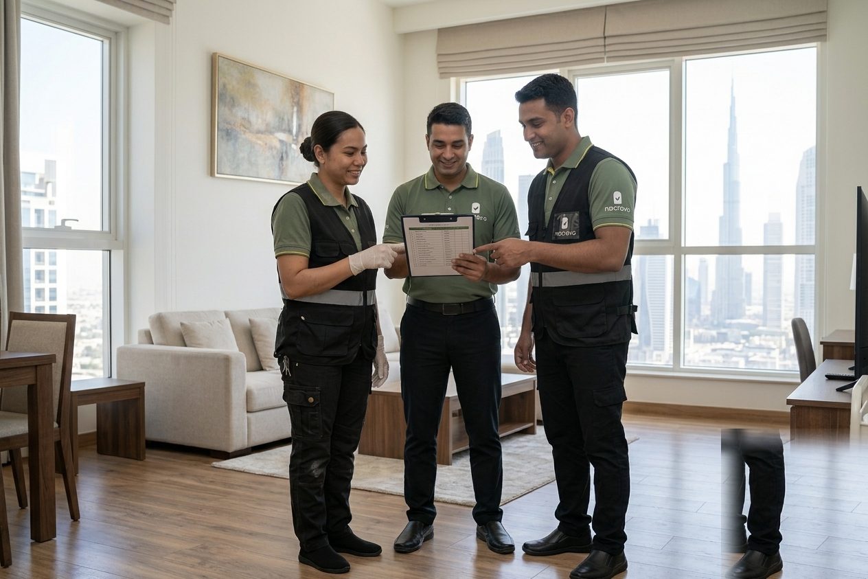 Nacravo staff running a guest-ready checklist in a serviced Dubai holiday apartment