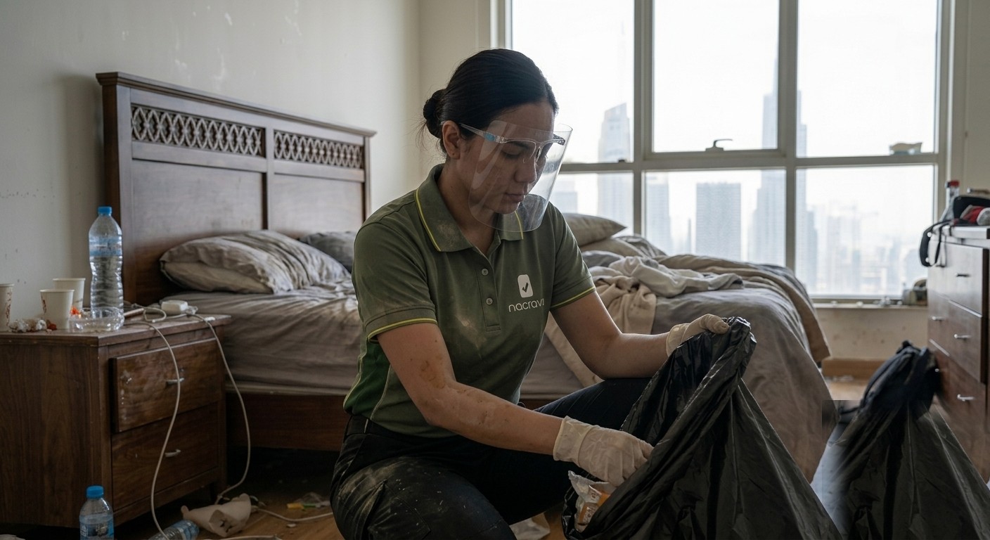 Nacravo housekeeper deep-cleaning a Dubai bedroom