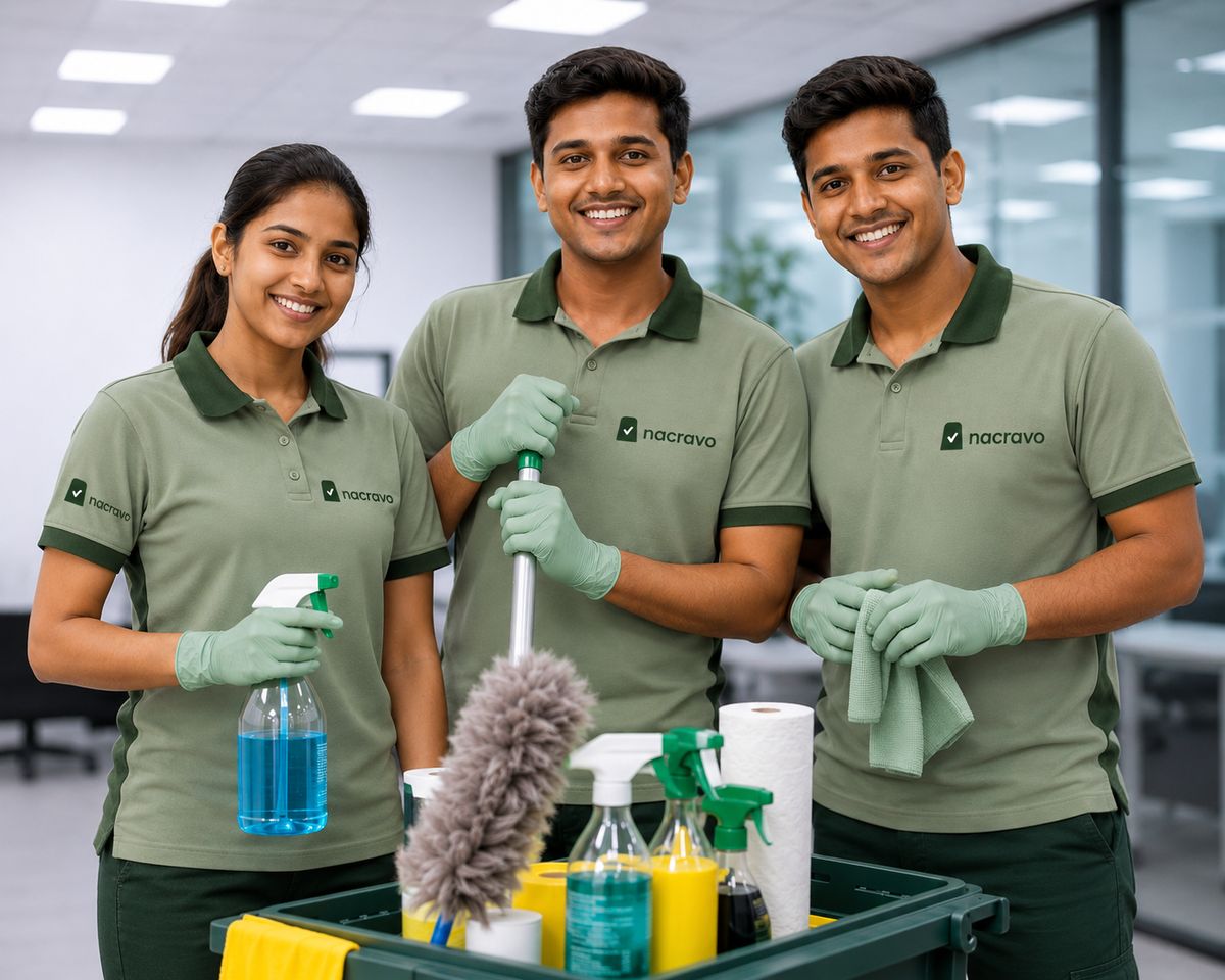 A Nacravo commercial cleaning team with a stocked trolley on a Dubai office floor