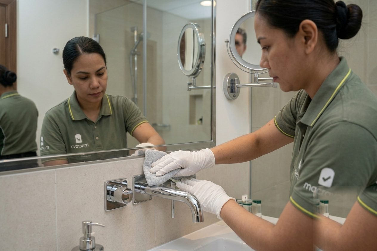 A Nacravo cleaner wiping down a basin tap during a home cleaning visit in a Dubai apartment