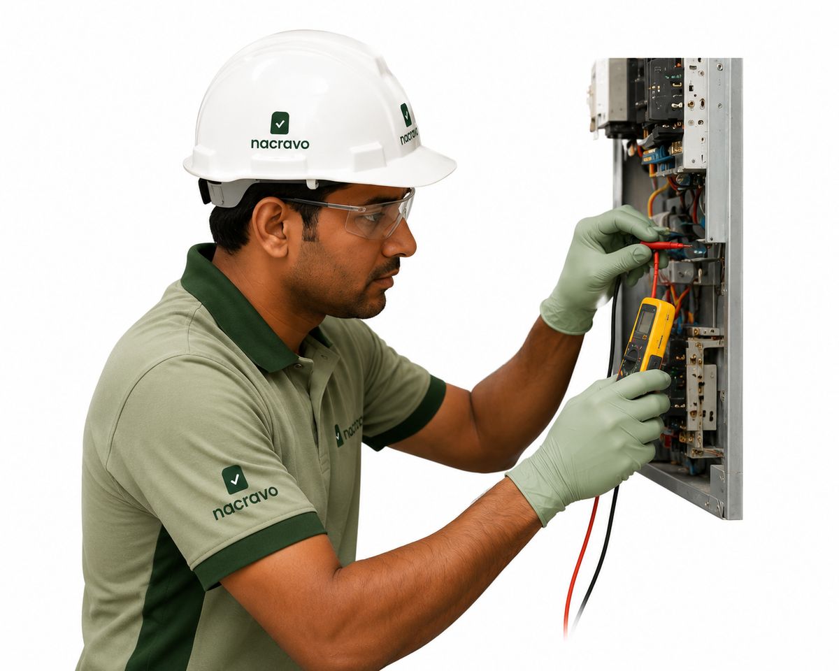 A Nacravo technician testing an electrical distribution panel with a multimeter