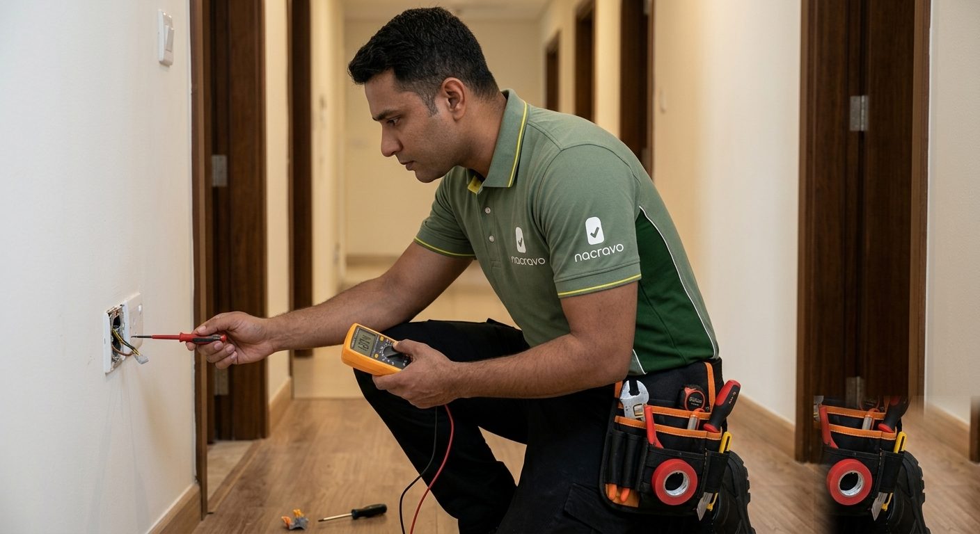 Nacravo technician testing an electrical socket during a maintenance visit