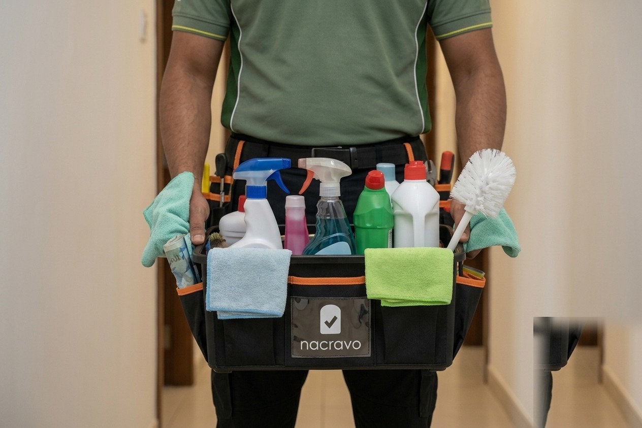 Nacravo cleaner with a fully-stocked branded cleaning caddy